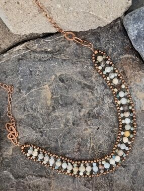 TERRA AMATA: Genuine Amazonite & Blue Opal In Handwoven Artisan Copper Necklace